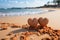 Heartfelt connection Two handwritten hearts on sandy beach, framed by tropical backdrop