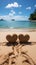 Heartfelt connection Two handwritten hearts on sandy beach, framed by tropical backdrop