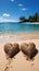 Heartfelt connection Two handwritten hearts on sandy beach, framed by tropical backdrop