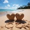 Heartfelt connection Two handwritten hearts on sandy beach, framed by tropical backdrop