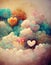 hearts as balloons in the sky, dreamy fairytale gift card, ai generated image