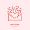 Hearts flying from envelope illustration. Party invitation flat line icon, romantic relationship. Valentines day