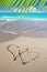 Hearts in love written in Caribbean beach sand