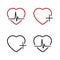 Hearts - medicine symbols. Medical health care. Heart in linear design. Hearts black and red color with heartbeat and cross,