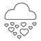 Hearts in rainy cloud thin line icon. Romantic love rain illustration isolated on white. Cloud raining heart shapes