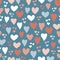 Hearts seamless vector pattern background. Hand drawn hearts isolated pink, coral, blue. Use for card, invitation, album,