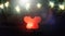 Hearts shaped string lights and red glowing Angel on wooden table backdrop