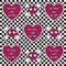 Hearts and skulls on checkered background.