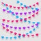 Hearts on a string hanging decorations with transparent background. Realistic garland of multicolored hearts. Vector