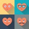 Hearts with sunglasses, eyes, mustache and smile. Design flat vector illustration with long shadow.