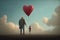 A heartshaped balloon drifting away with a disappointed looking father holding onto the string. Psychology emotions