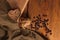 Heartshaped cakes on Valentines day on wooden background, top view, flatlay.Whole grain flour pastries, bran, flax seeds