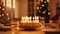 A heartwarming Hanukkah celebration takes place in a cozy family home. A beautifully lit menorah with burning candles stands on a