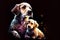 A heartwarming illustration of a mother dog and her puppy, depicted against a dark background, showcasing their bond and