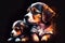 A heartwarming illustration of a mother dog and her puppy, depicted against a dark background, showcasing their bond and