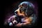 A heartwarming illustration of a mother dog and her puppy, depicted against a dark background, showcasing their bond and