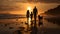 heartwarming image of father carrying young daughter piggyback on beach while mother walks beside them. sun is setting behind them