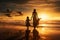 Heartwarming Moment of Woman Holding Hands with Young Children on Picturesque Beach during Golden Sunset. Generative Ai