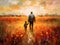 A heartwarming painting of a father and son walking hand in hand in a blooming field. Generative AI