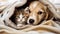 heartwarming scene captures the essence of pet companionship as a cute dog and cat snuggle under a cozy blanket.