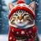 a heartwarming scene of a Christmas cat adorned with a hat and scarf