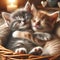 A heartwarming scene of two happy kittens cuddled up together in a cozy basket, their tiny paws and tails entwined, symbolizing