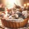 A heartwarming scene of two happy kittens cuddled up together in a cozy basket, their tiny paws and tails entwined, symbolizing