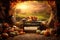 A heartwarming Thanksgiving background. Autumn landscape with golden leaves. A table adorned with an abundant harvest, a