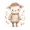 A heartwarming watercolor artwork of a lamb in a Nordic-pattern sweater, standing amidst a field of soft botanicals