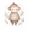 A heartwarming watercolor illustration of a monkey in a Nordic-inspired patterned sweater, looking cozy and content, set