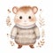 A heartwarming watercolor image of a hamster dressed in a striped winter sweater, giving a tender look, accompanied by a