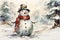 A heartwarming watercolor portrayal of Frosty the Snowman standing in the snowfall, bringing Christmas enchantment