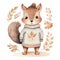 Heartwarming watercolor of a squirrel in a snug pullover with leaf pattern, standing against a backdrop of gentle autumn