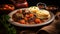 A hearty American biscuit sits beside a steaming bowl of beef stew