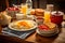 Hearty American breakfast spread