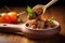 hearty beef goulash on wooden spoon, close view