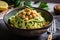 hearty bowl of zucchini pasta with pesto and chickpeas