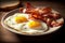 Hearty Breakfast Delights Savoring the Perfect Combination of Bacon and Eggs on a Plate. created with Generative AI