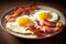 Hearty Breakfast Delights Savoring the Perfect Combination of Bacon and Eggs on a Plate. created with Generative AI