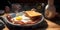 A hearty breakfast of eggs bacon and toast with a cupo one generative AI