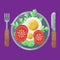 A hearty breakfast of fried eggs and fresh vegetables. Vector illustration. Eating on a plate is a top view. Served