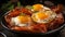 Hearty breakfast plate with crispy bacon and fried eggs, garnished with fresh herbs