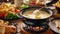 Hearty cheese fondue experience with fresh bread for dipping, surrounded by a variety of dipping options