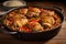 hearty chicken thighs resting in a paella dish