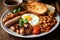 A hearty, full English breakfast, featuring eggs, sausages, grilled tomatoes, mushrooms, baked beans, and toast. Generative AI