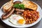 A hearty, full English breakfast, featuring eggs, sausages, grilled tomatoes, mushrooms, baked beans, and toast. Generative AI