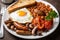 A hearty, full English breakfast, featuring eggs, sausages, grilled tomatoes, mushrooms, baked beans, and toast. Generative AI