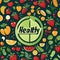 Hearty Harvest: Health and Wellness Logo with \\\'Healthy\\\' Encircled by Fruits and Vegetables on a Deep Green Background