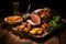 A hearty meal of roast beef, vegetables, potatoes, and a drink, beautifully arranged on a rustic wooden table