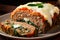 Hearty meatloaf stuffed with gooey mozzarella cheese and spinach, served with a side of creamy mashed sweet potatoes